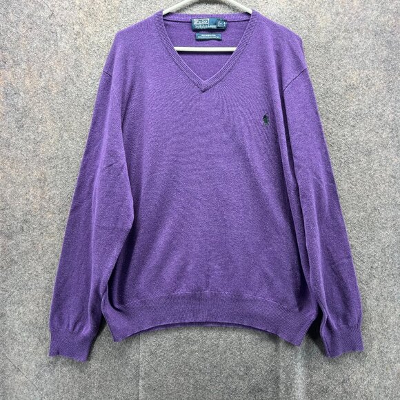 Vintage Ralph Lauren Pullover Mens XL Purple V Neck Sweatshirt Merino Wool 90s - Picture 1 of 10